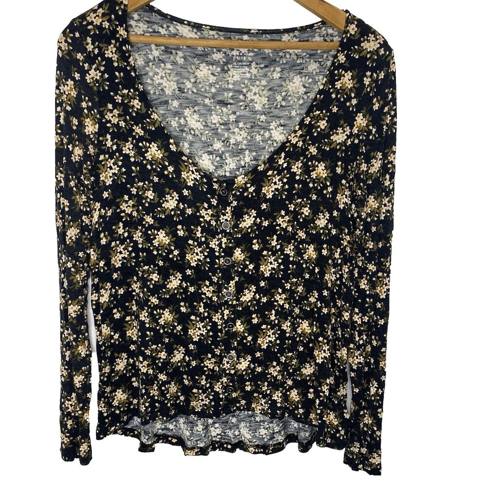 AMERICAN EAGLE Button Floral Soft & Sexy Slub Scoop Neck Cottage Womens XS Black